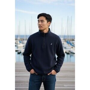 Men's Nautica Blue 1/4 Zip Fleece Pullover, Black Trim & Embroidered Logo, Small